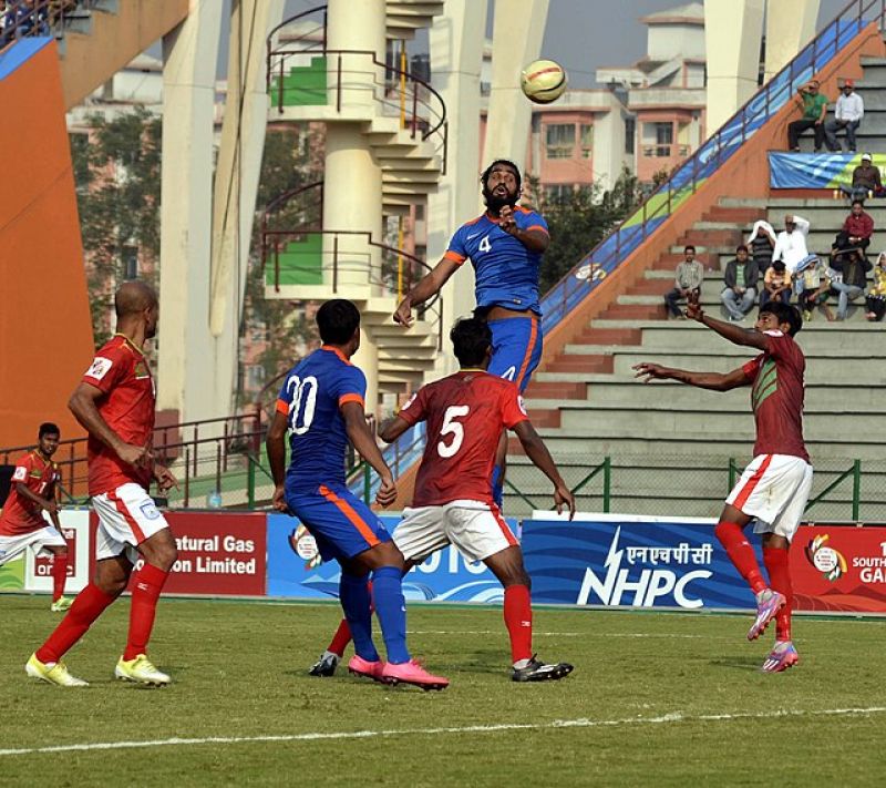 Players of India and Bangladesh in action during a Football Match, at the 12th South Asian Games-2016, in Guwahati on February 13, 2016-4d8b9af2e4eacc4166bca7b47ac40f551623129335.jpg